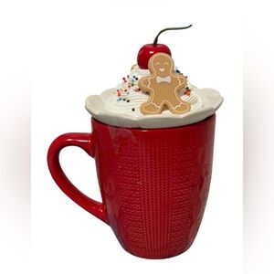 Christmas Ceramic Mug Red Cable Knit Texture Faux Whipped Cream Topping New